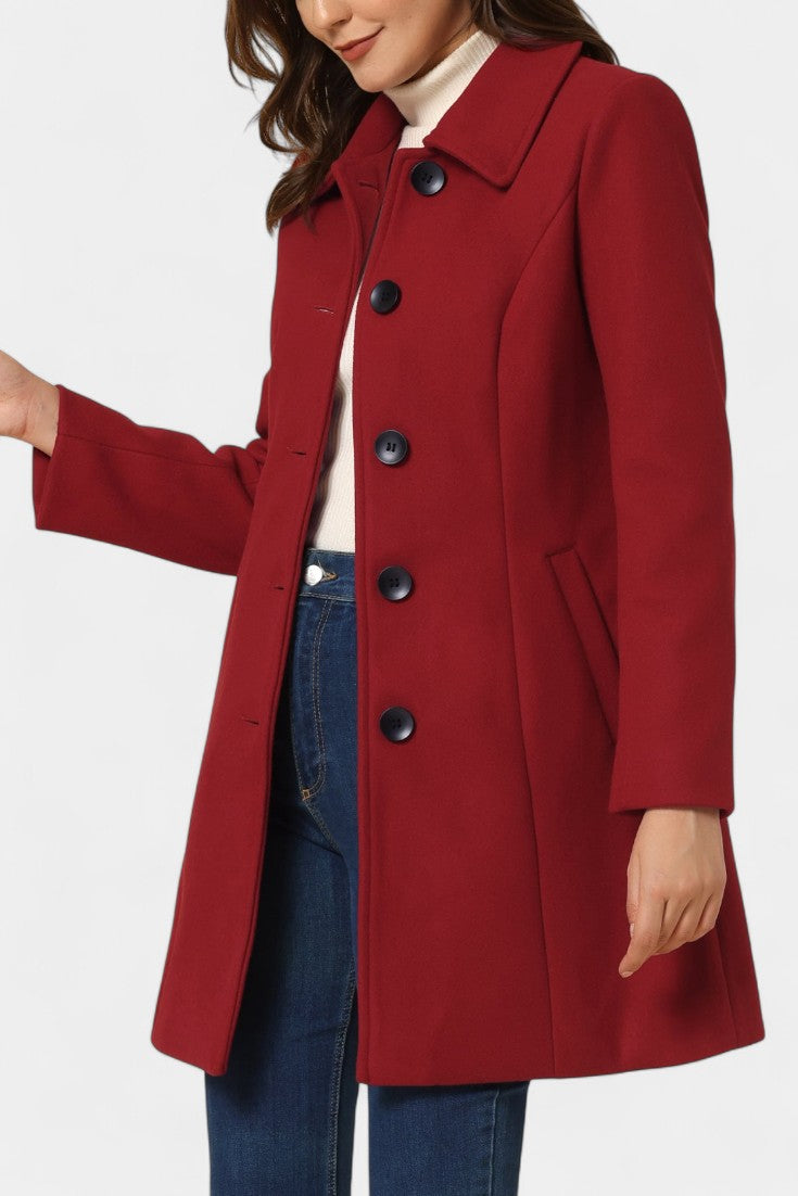 Women's Single-Breasted Coat Collared Long Sleeve Button-Front Winter Outerwear