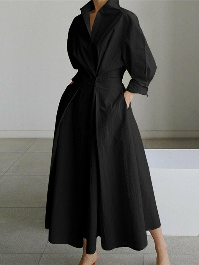 Women's Shirt Dress V-Neck Long Sleeve Belted Pleated Midi Casual