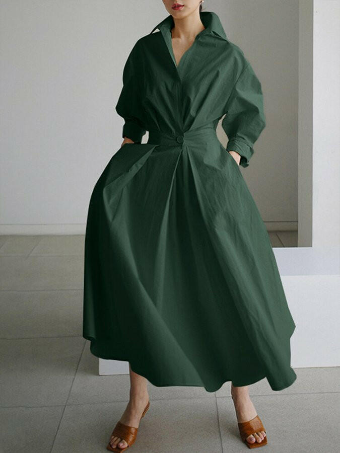 Women's Shirt Dress V-Neck Long Sleeve Belted Pleated Midi Casual