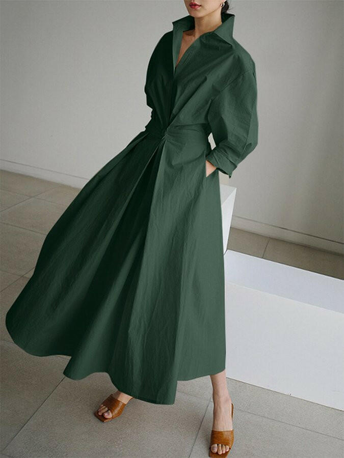 Women's Shirt Dress V-Neck Long Sleeve Belted Pleated Midi Casual