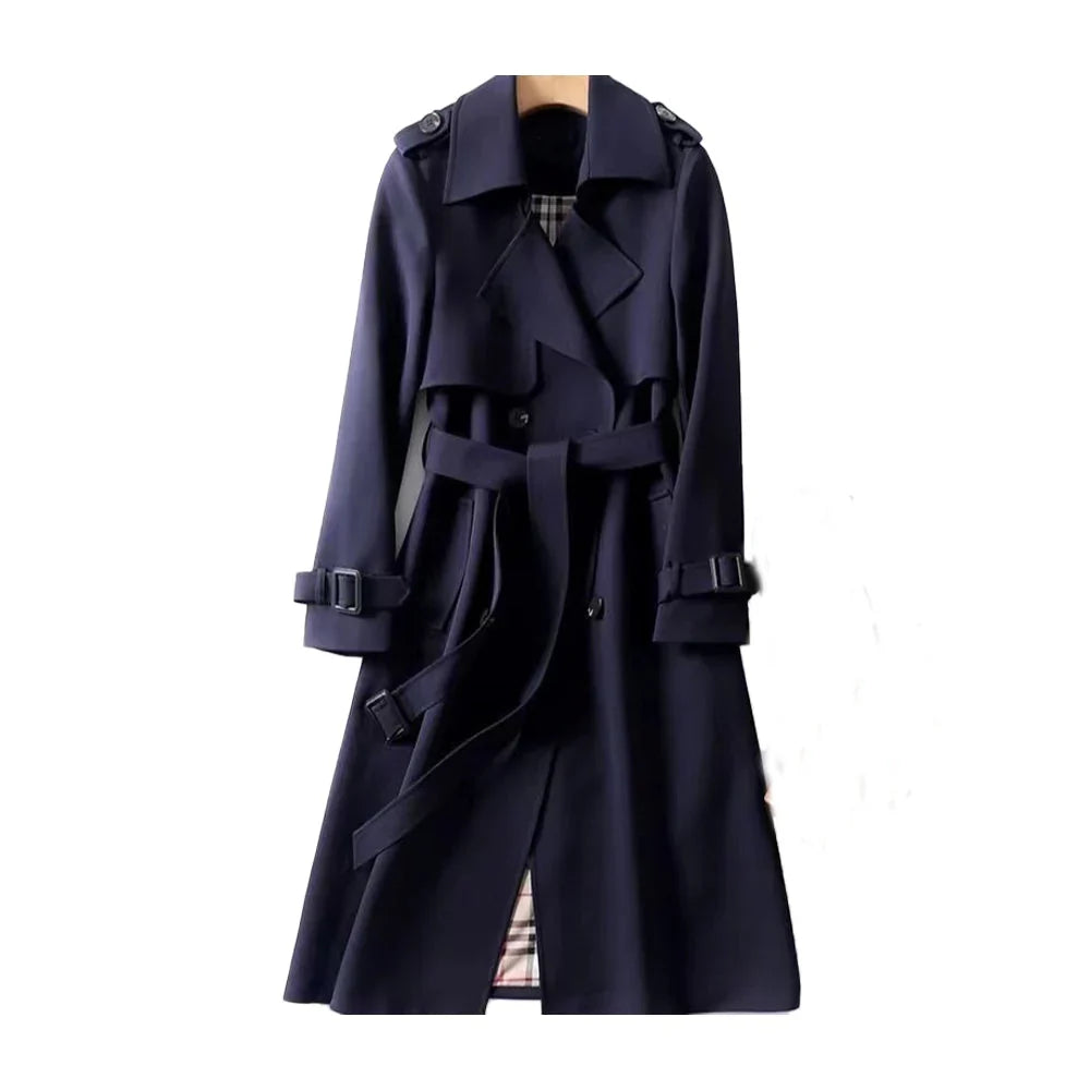 Women's Trench Coat Notched Lapel Double Breasted Belted Long Sleeve