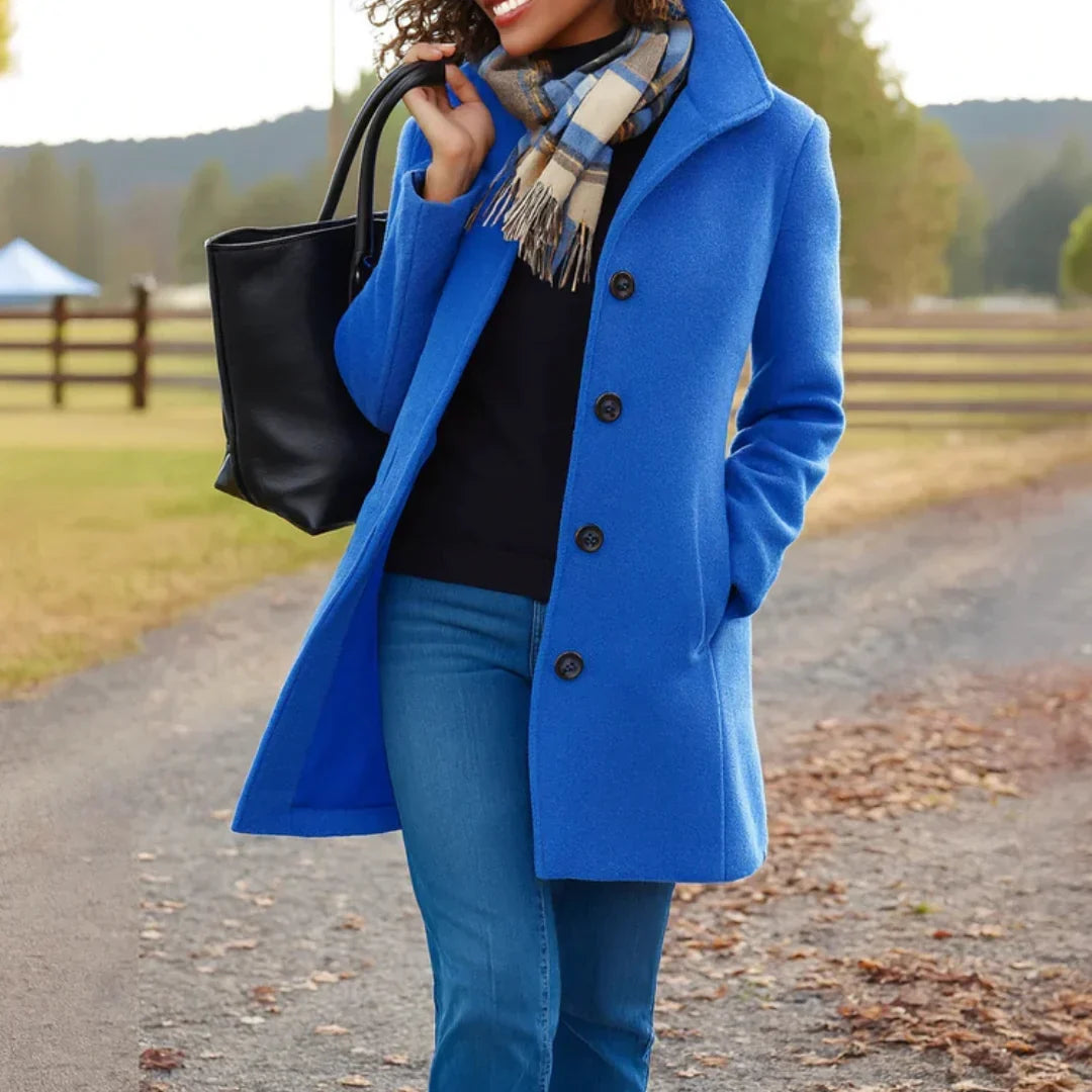 Women's Wool Blend Pea Coat Button Front Long Sleeve Lapel Winter Overcoat