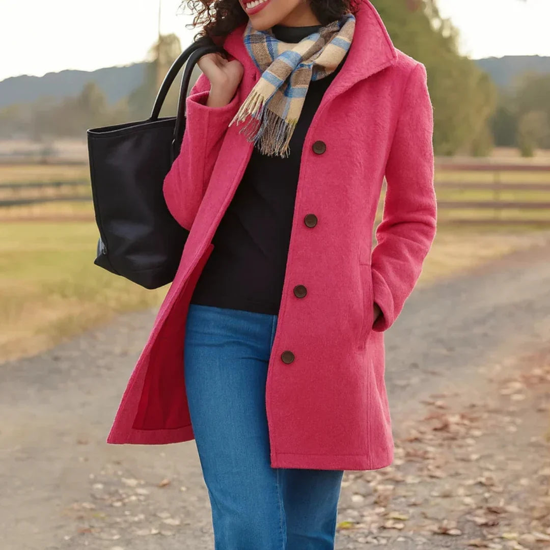 Women's Wool Blend Pea Coat Button Front Long Sleeve Lapel Winter Overcoat