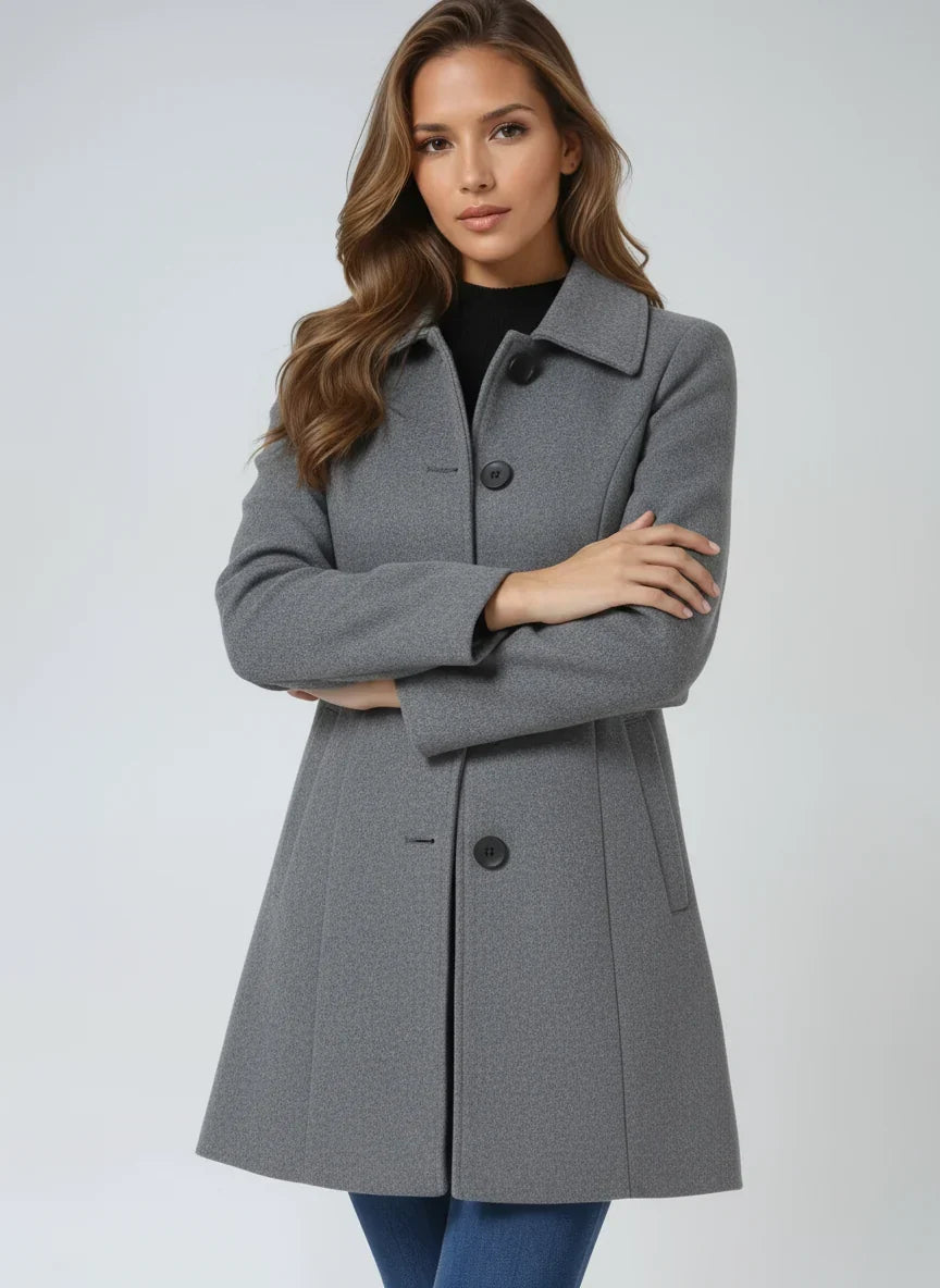 Women's Trench Coat Fit and Flare Button Front Collared Winter Coat