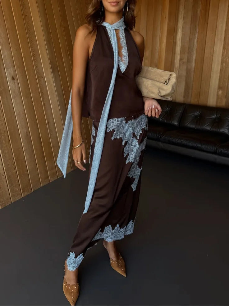 Women's Satin Lace Panel Top & Maxi Skirt Set Halter V-Neck