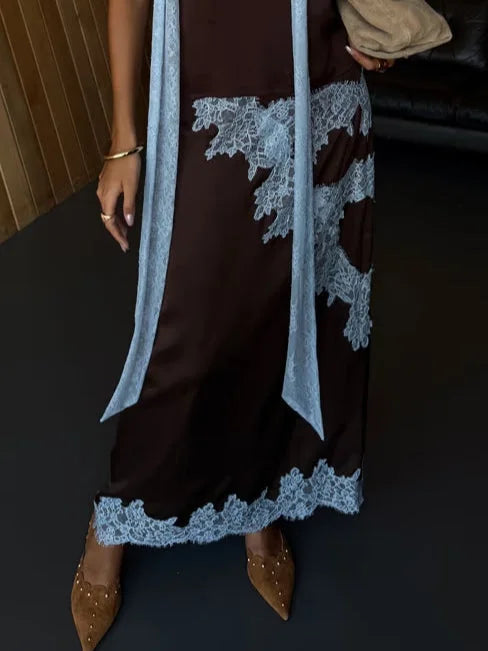 Women's Satin Lace Panel Top & Maxi Skirt Set Halter V-Neck