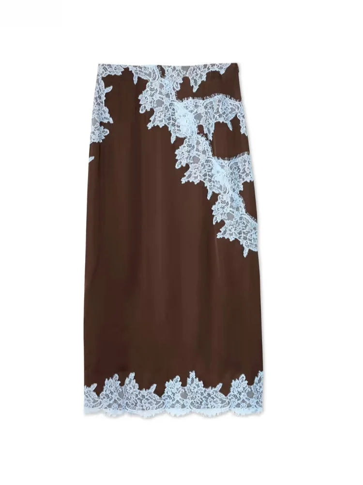 Women's Satin Lace Panel Top & Maxi Skirt Set Halter V-Neck