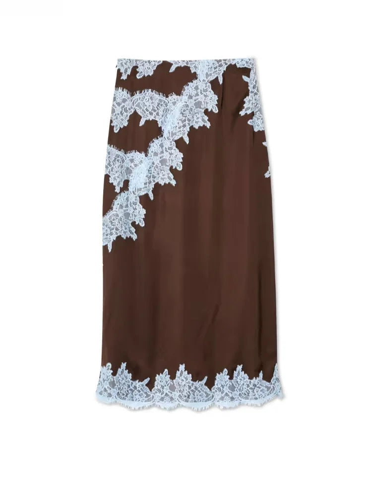 Women's Satin Lace Panel Top & Maxi Skirt Set Halter V-Neck