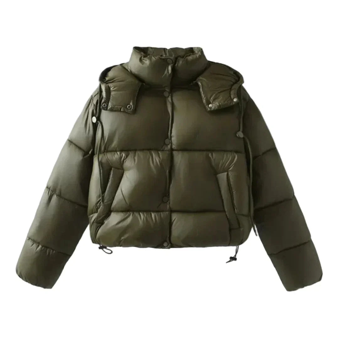 Women's Cropped Puffer Jacket High Collar Hooded Quilted Zip Winter Outerwear