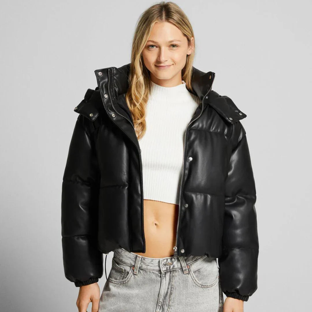 Women's Cropped Puffer Jacket High Collar Hooded Quilted Zip Winter Outerwear