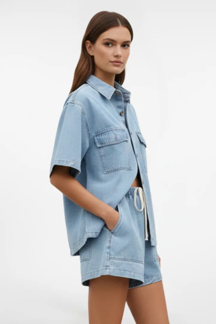 Women's Denim Short-Sleeve Collared Shirt & Drawstring Shorts Set Casual