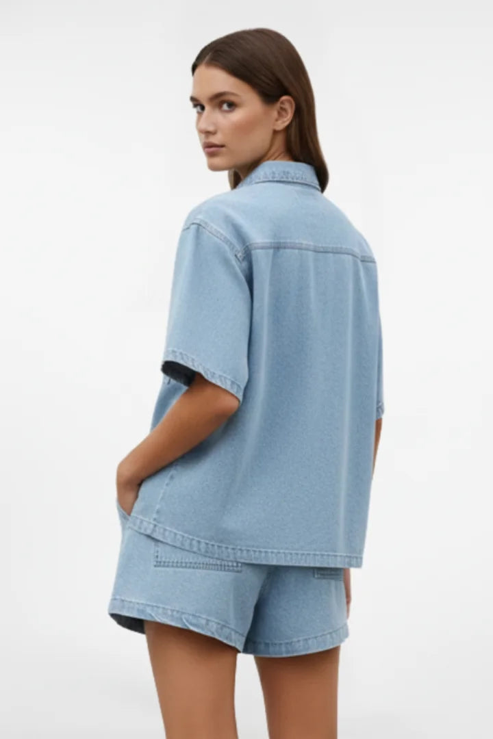 Women's Denim Short-Sleeve Collared Shirt & Drawstring Shorts Set Casual
