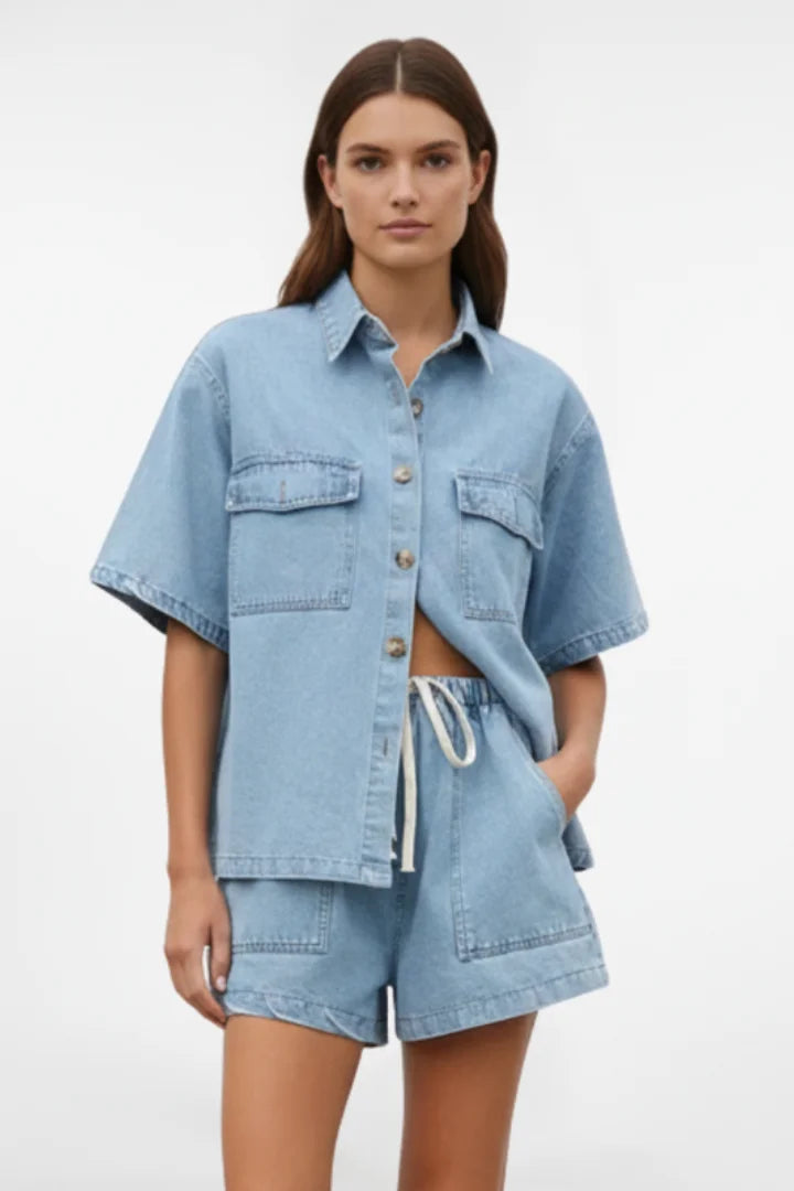Women's Denim Short-Sleeve Collared Shirt & Drawstring Shorts Set Casual