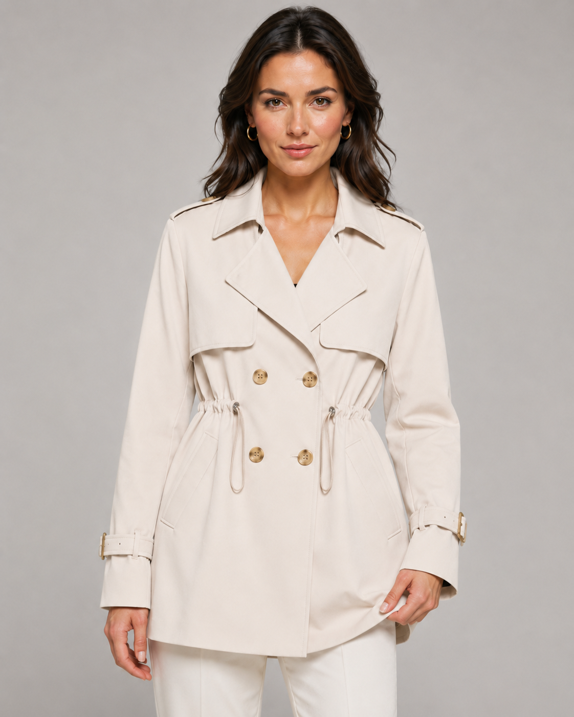 Women's Short Trench Coat Double-Breasted Drawstring Waist Belted Cuffs Lapel