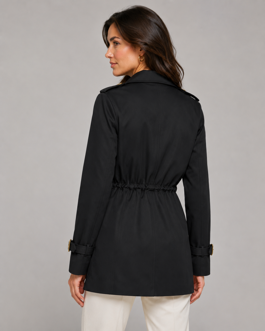 Women's Short Trench Coat Double-Breasted Drawstring Waist Belted Cuffs Lapel