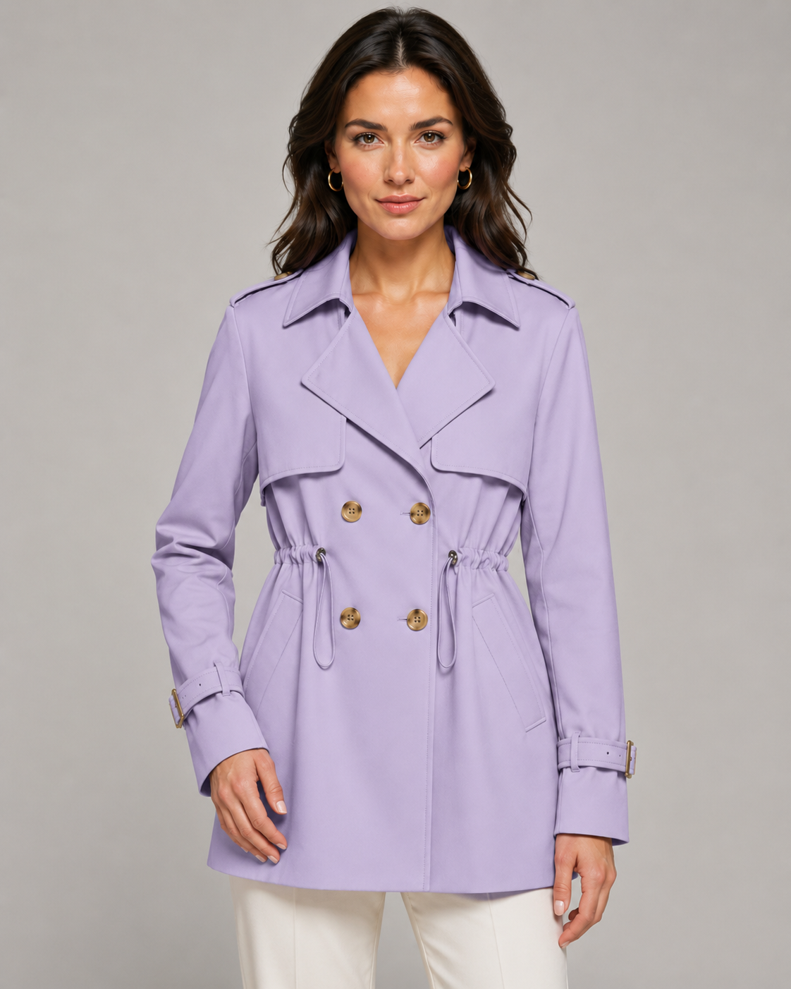 Women's Short Trench Coat Double-Breasted Drawstring Waist Belted Cuffs Lapel