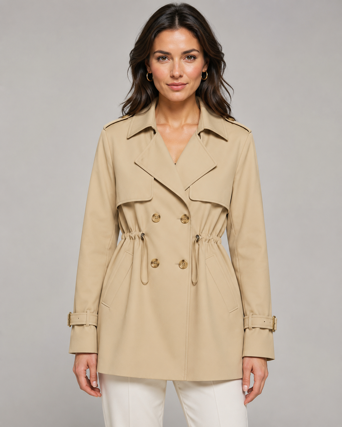 Women's Short Trench Coat Double-Breasted Drawstring Waist Belted Cuffs Lapel