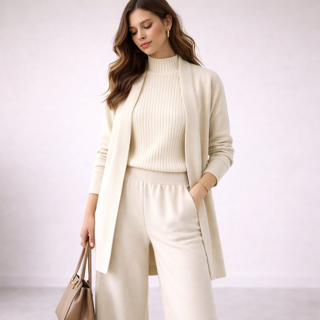 Women's 3-Piece Knit Lounge Set Mock Neck Ribbed Top Wide Leg Pants Cardigan
