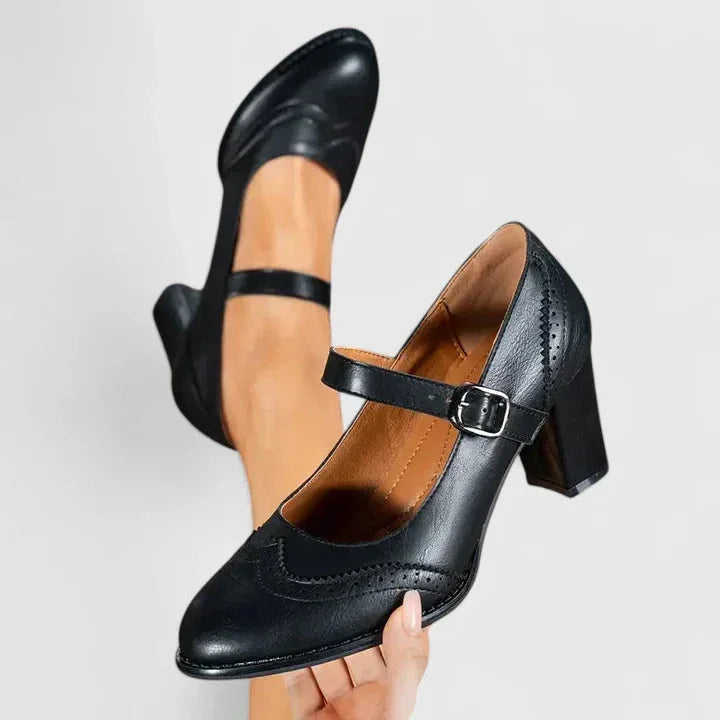 Women's Brogue Mary Jane Block Heel Pumps Buckle Strap Faux Leather