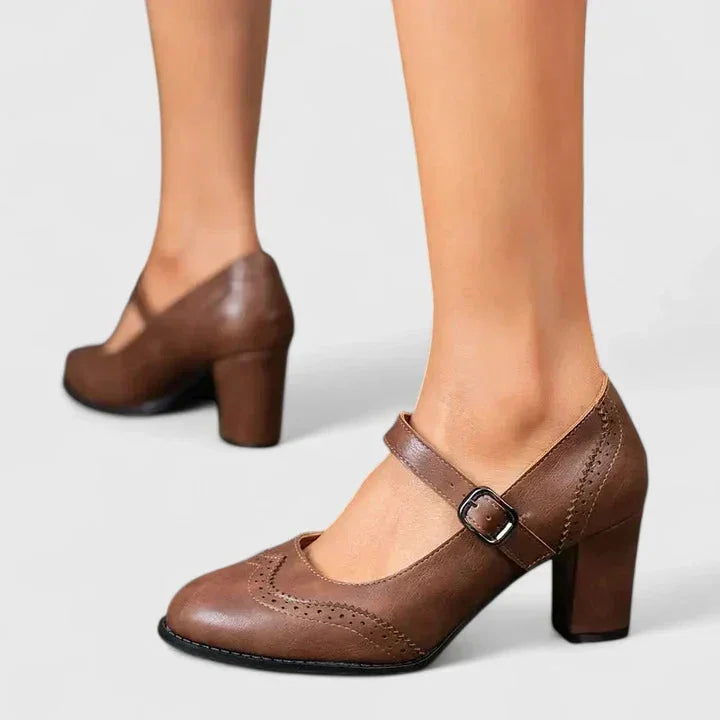 Women's Brogue Mary Jane Block Heel Pumps Buckle Strap Faux Leather