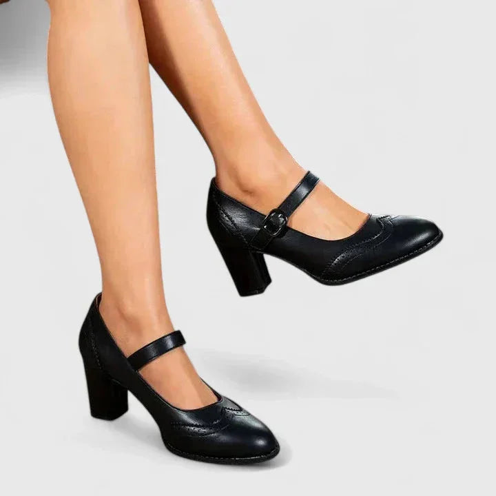 Women's Brogue Mary Jane Block Heel Pumps Buckle Strap Faux Leather