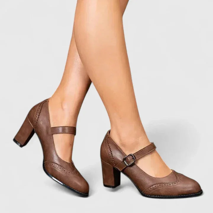 Women's Brogue Mary Jane Block Heel Pumps Buckle Strap Faux Leather