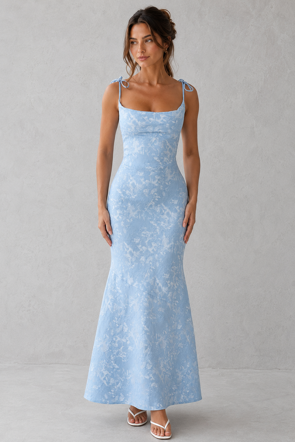 Women's Floral Jacquard Maxi Dress Lace-Up Back Square Neck Evening Occasion