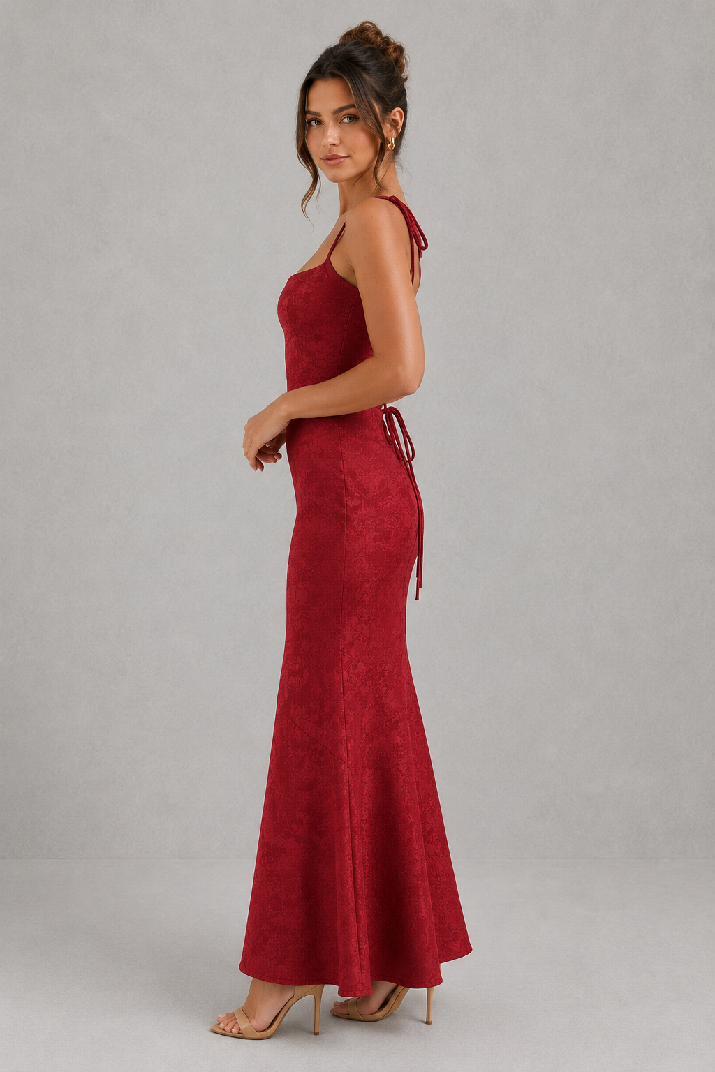 Women's Floral Jacquard Maxi Dress Lace-Up Back Square Neck Evening Occasion