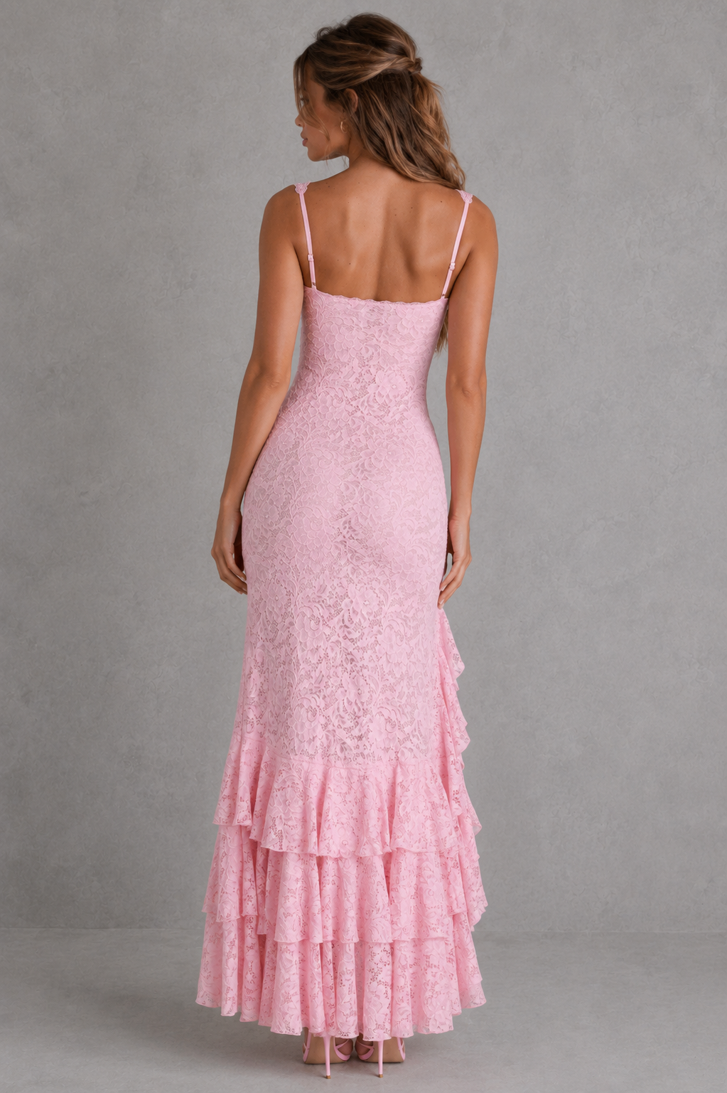 Women's Lace Maxi Dress High Split Ruffle Hem Square Neck Formal Evening Gown
