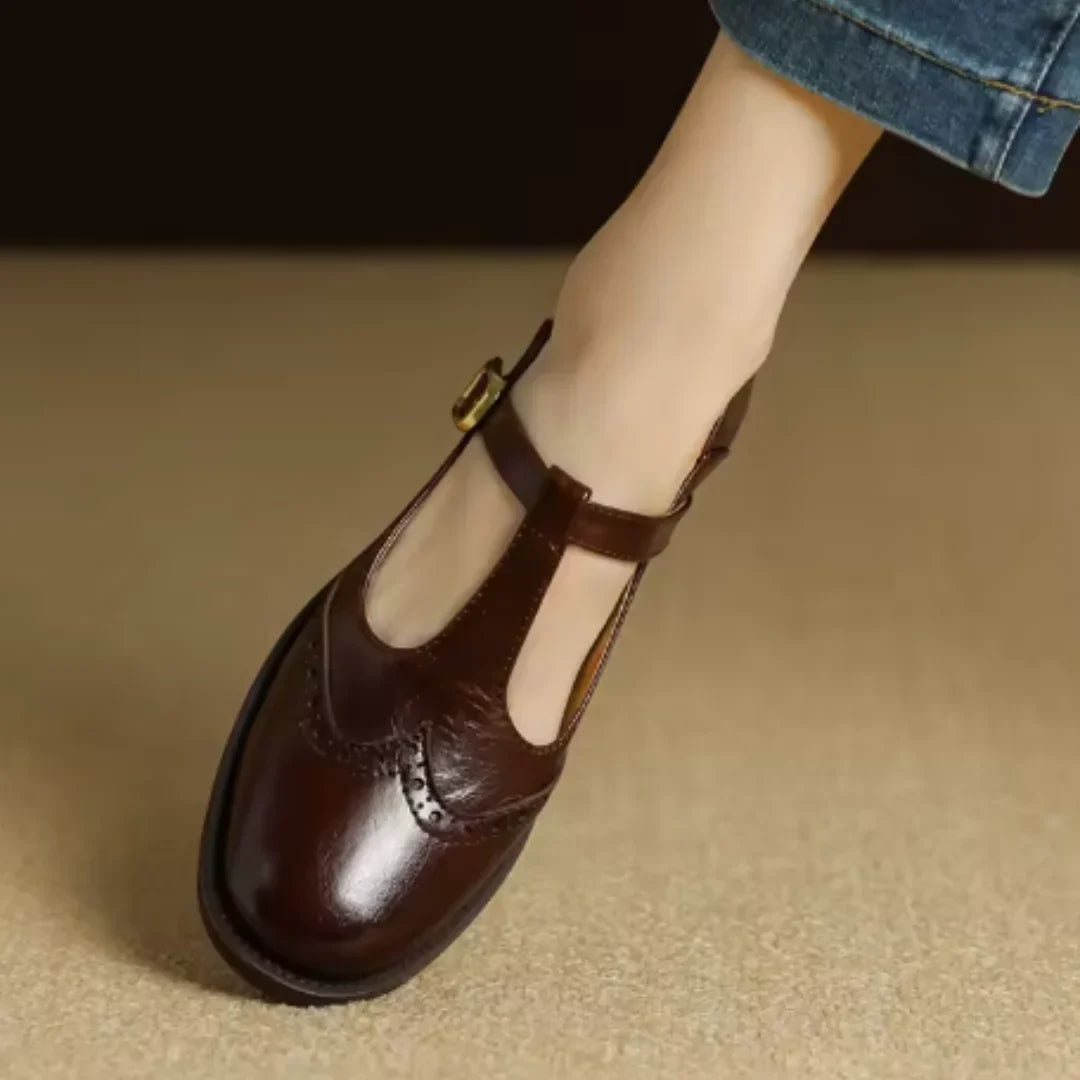 Women's Brogue Mary Jane Shoes T-Strap Low Block Heel Leather Casual