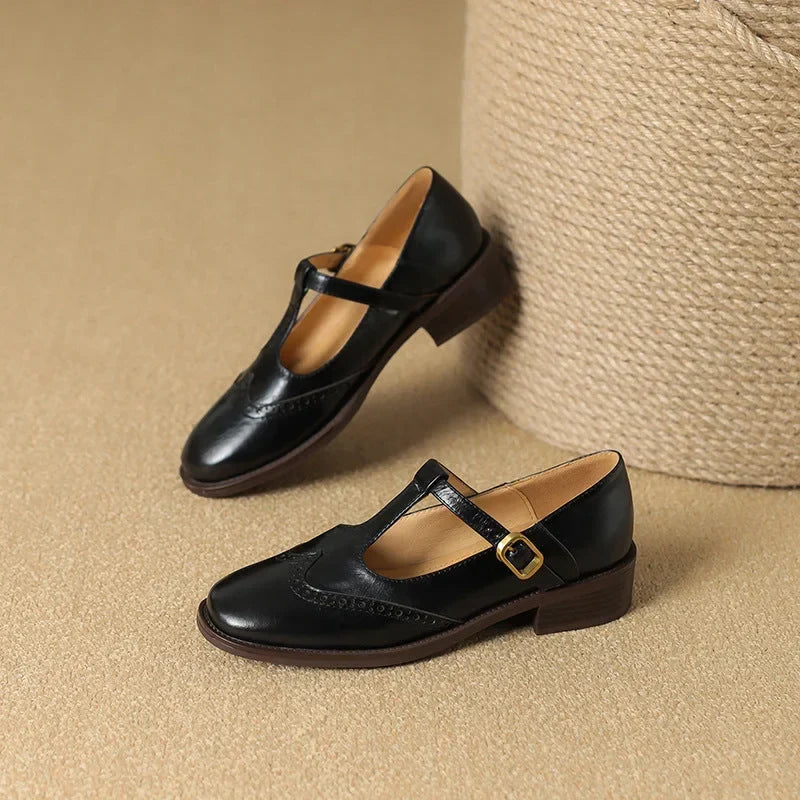 Women's Brogue Mary Jane Shoes T-Strap Low Block Heel Leather Casual
