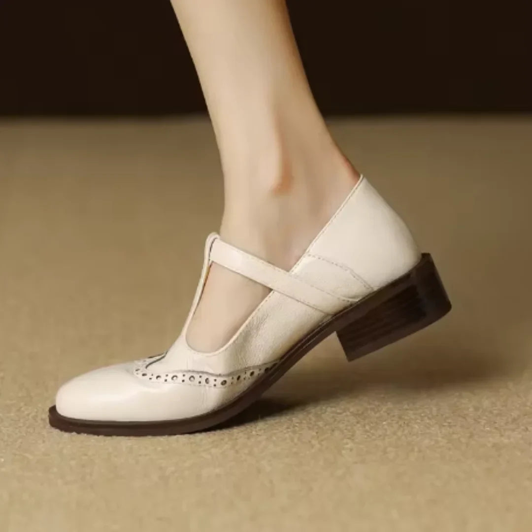 Women's Brogue Mary Jane Shoes T-Strap Low Block Heel Leather Casual