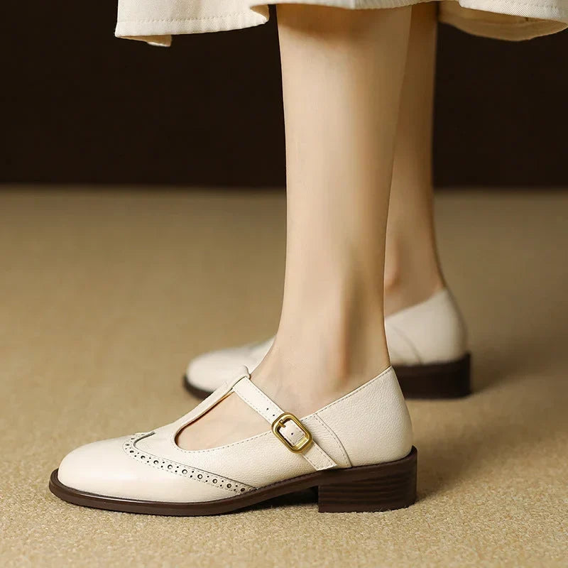 Women's Brogue Mary Jane Shoes T-Strap Low Block Heel Leather Casual
