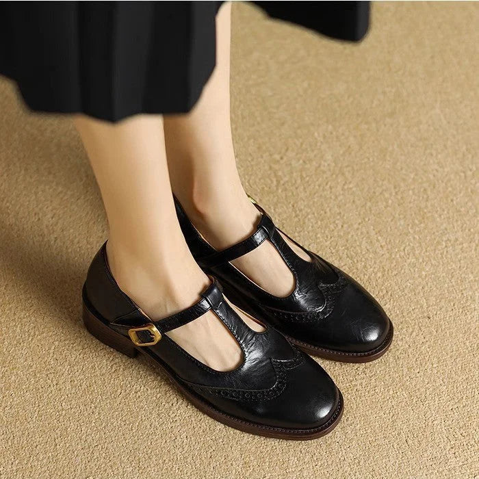 Women's Brogue Mary Jane Shoes T-Strap Low Block Heel Leather Casual