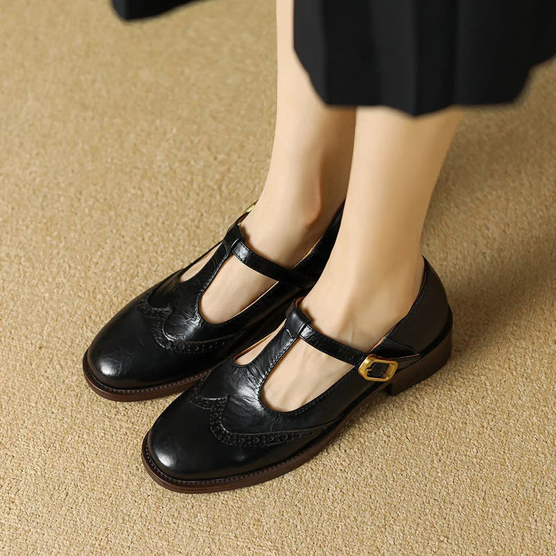 Women's Brogue Mary Jane Shoes T-Strap Low Block Heel Leather Casual