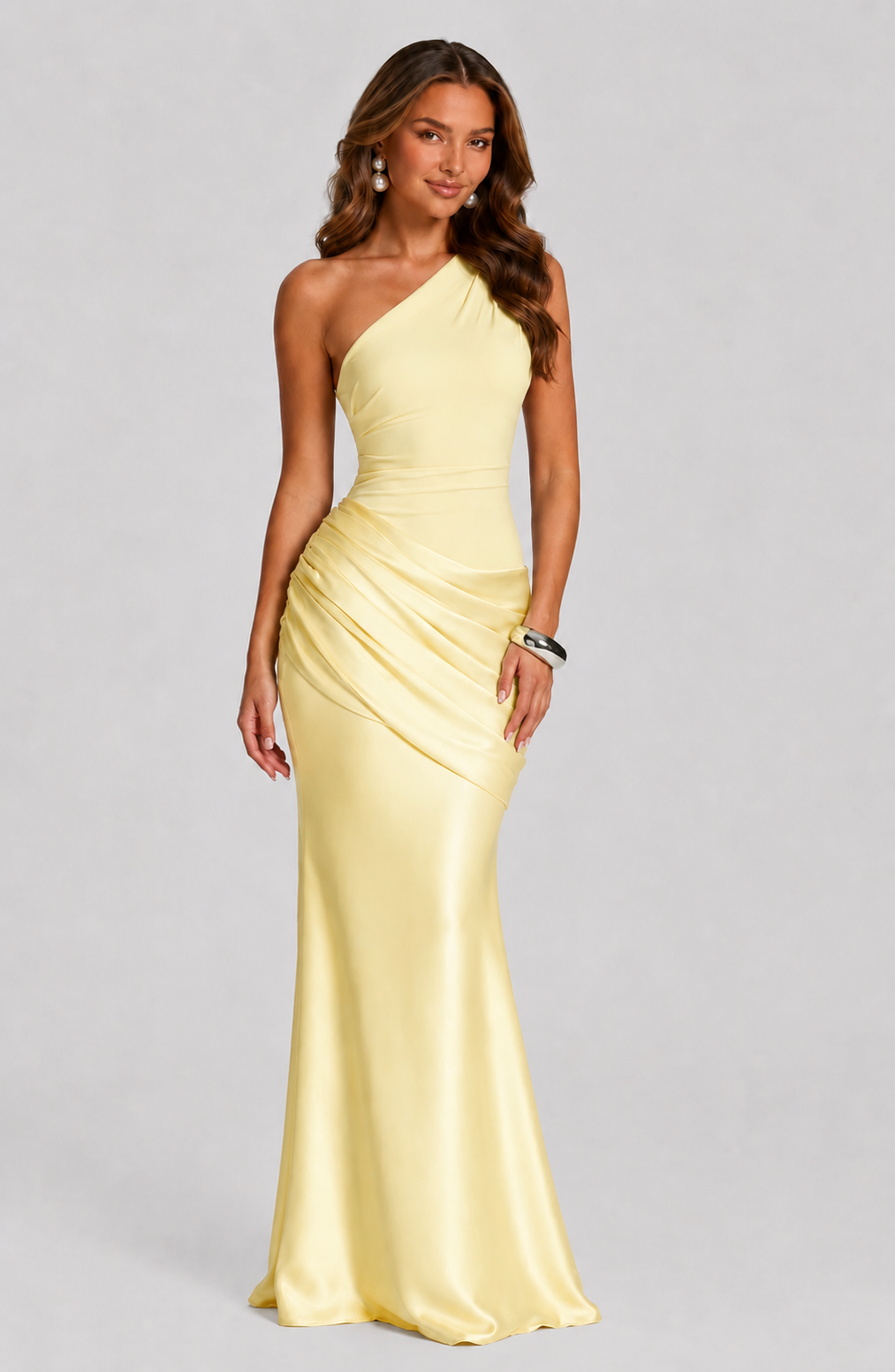 Women's One Shoulder Satin Maxi Dress Ruched Waist Formal Evening Gown