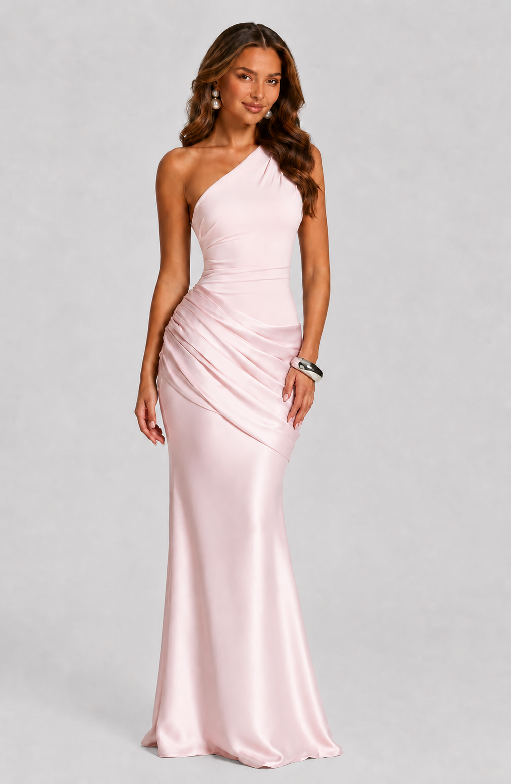 Women's One Shoulder Satin Maxi Dress Ruched Waist Formal Evening Gown