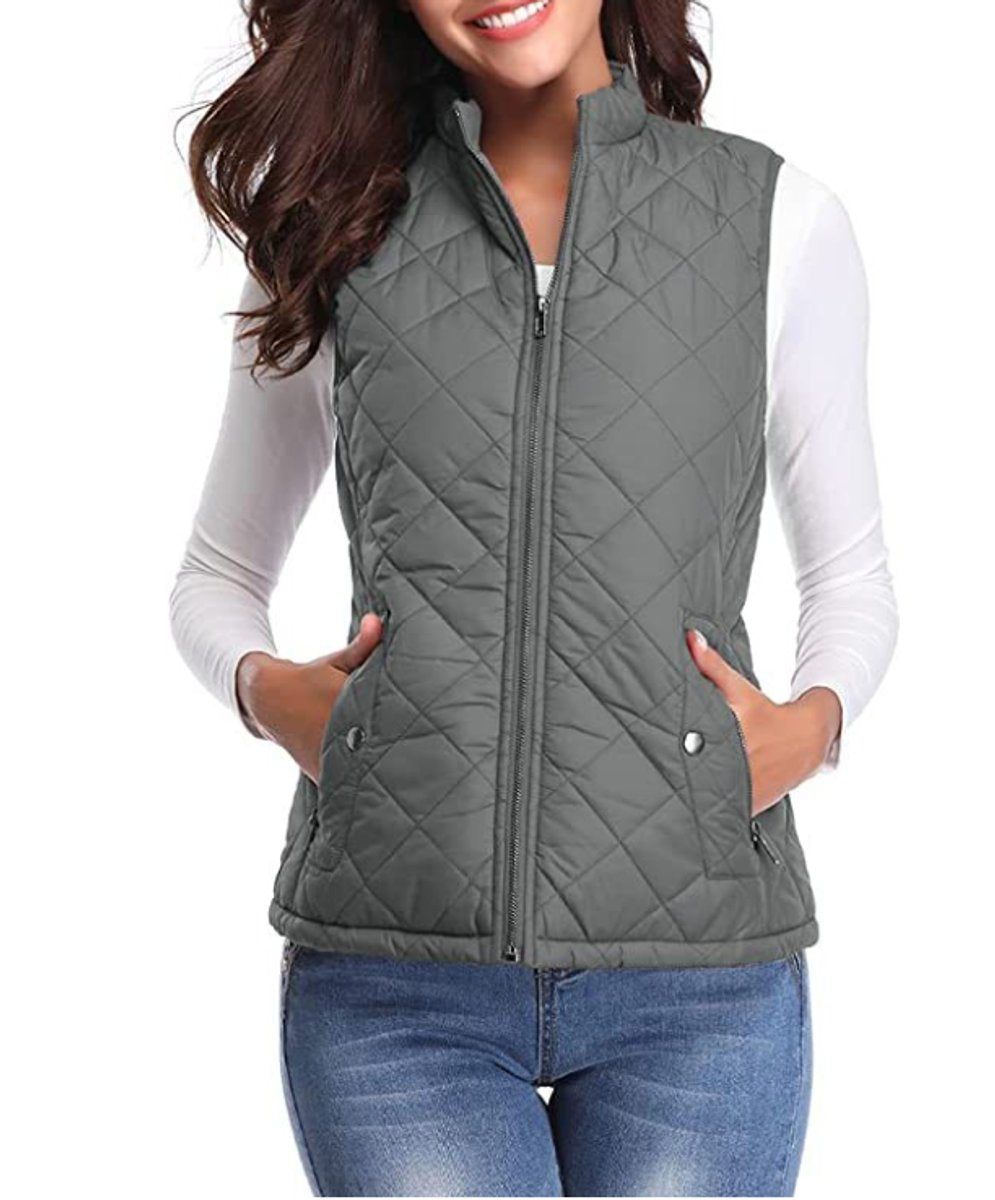 Women's Quilted Vest Sleeveless Stand Collar Zip-Up Padded Gilet Casual Outerwear