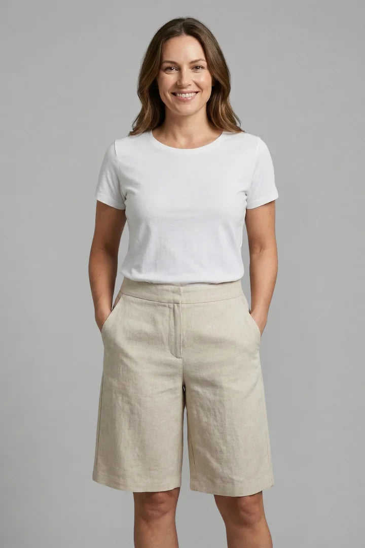 Women's Linen High-Waisted Knee-Length Shorts Side Pockets Casual