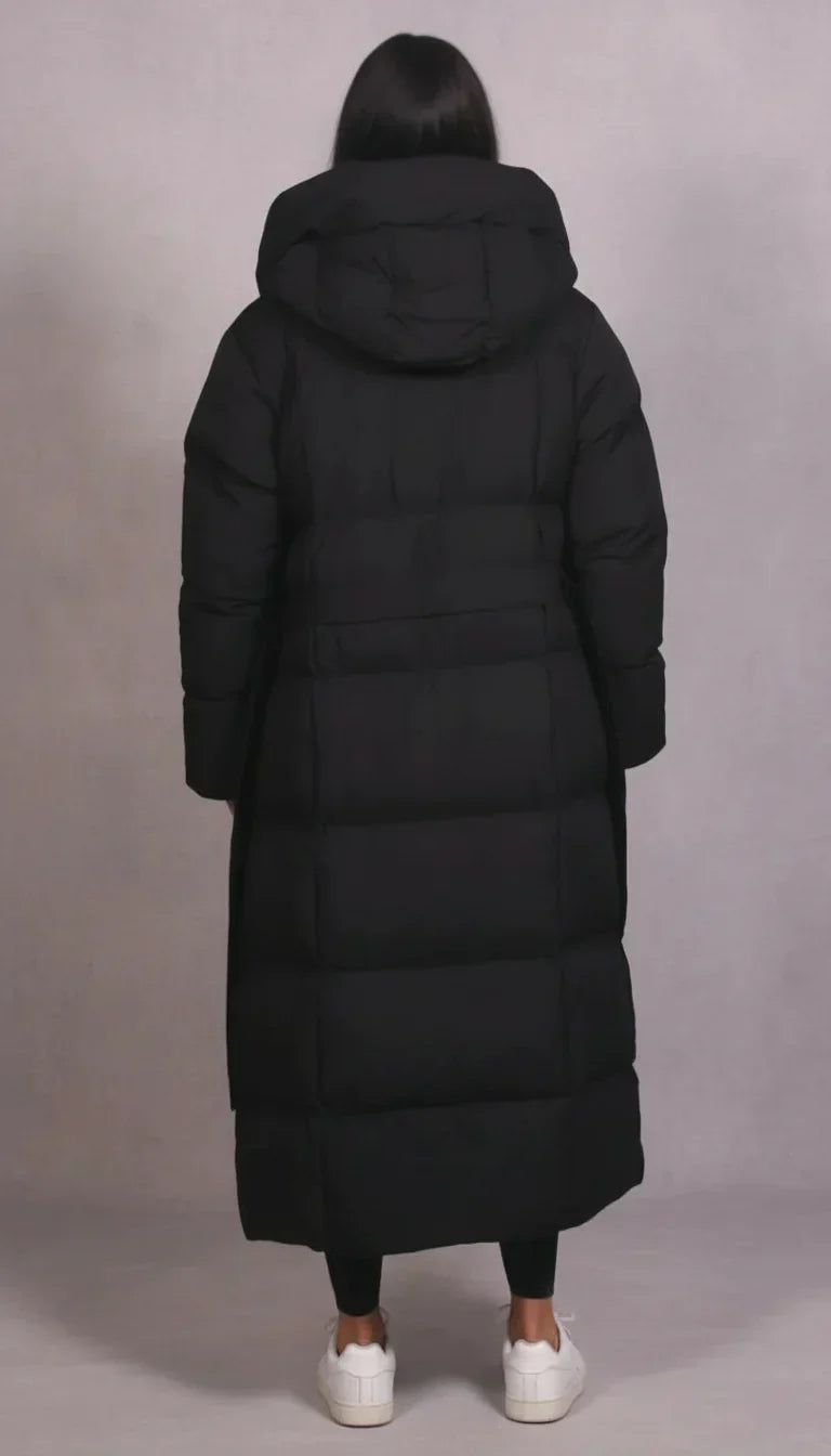 Women's Long Padded Puffer Coat Hooded Belted Quilted Winter Outerwear