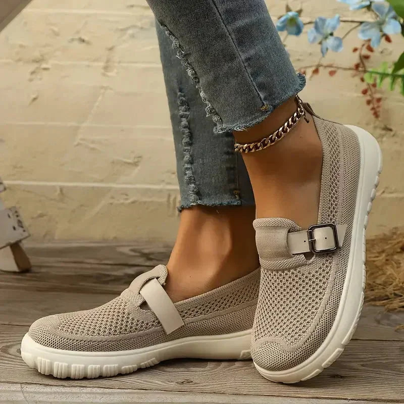 Women's Mesh Knit Mary Jane Sneakers Adjustable Buckle Slip-On Breathable Casual