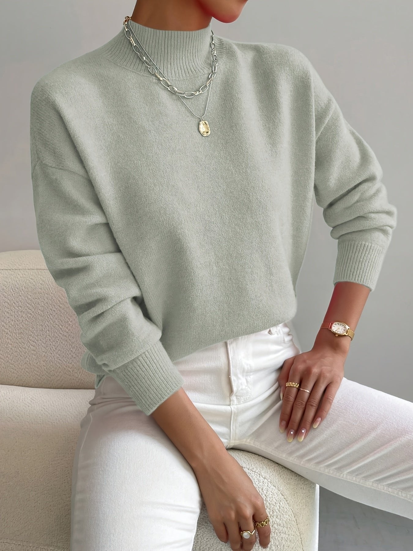 Women's Mock Turtleneck Sweater Relaxed Fit Ribbed Cuffs Long Sleeve Knit Top
