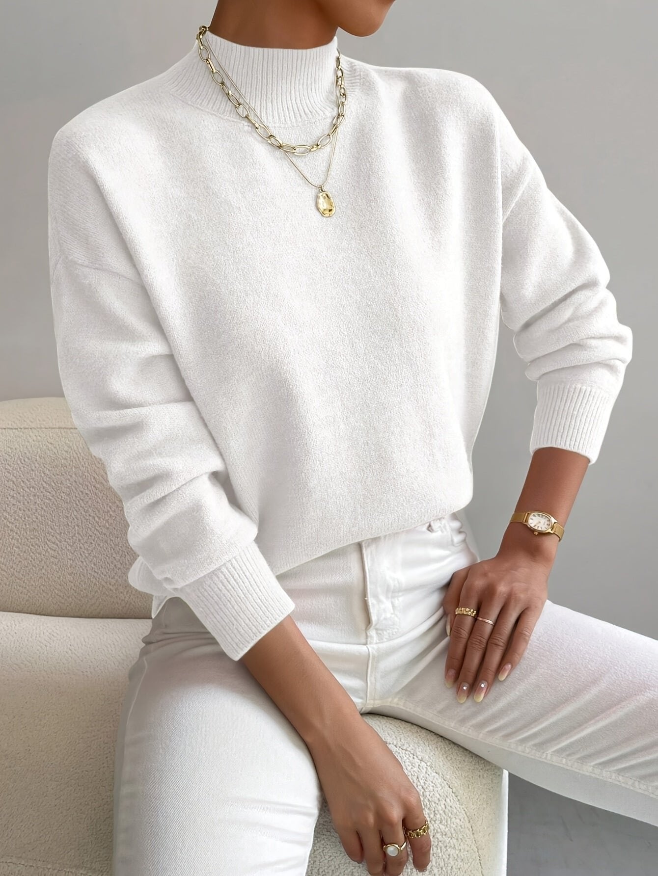 Women's Mock Turtleneck Sweater Relaxed Fit Ribbed Cuffs Long Sleeve Knit Top
