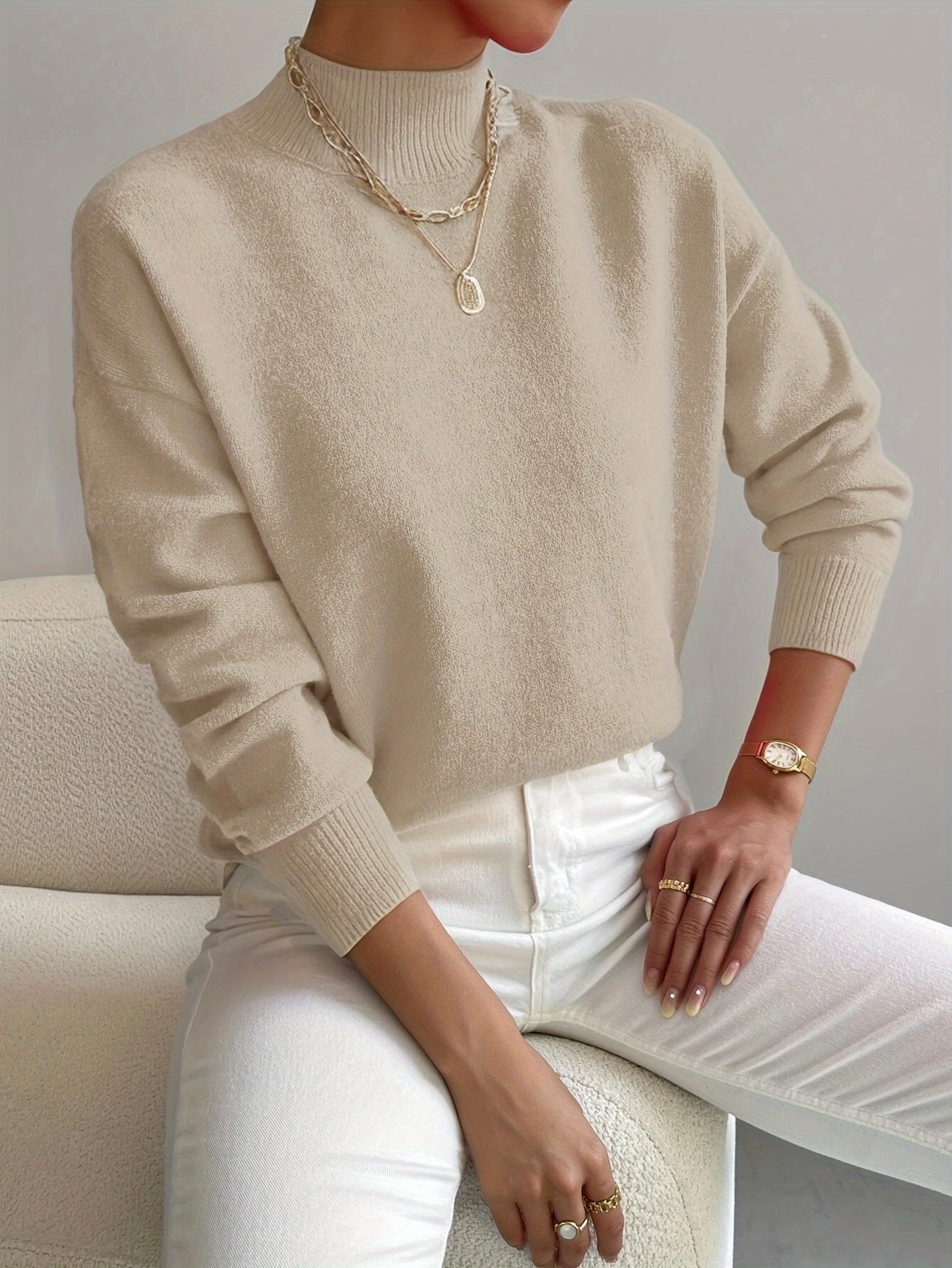 Women's Mock Turtleneck Sweater Relaxed Fit Ribbed Cuffs Long Sleeve Knit Top