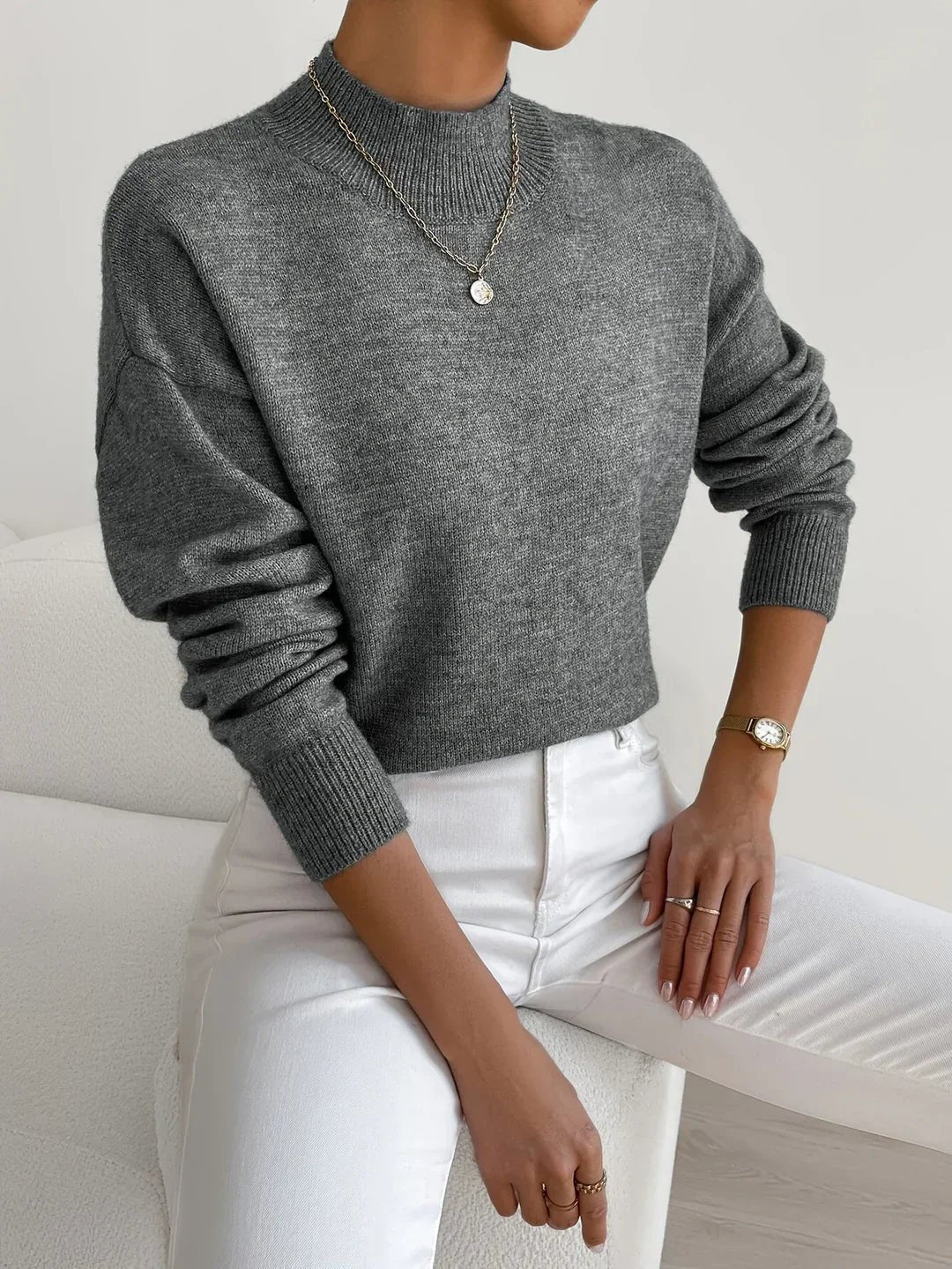 Women's Mock Turtleneck Sweater Relaxed Fit Ribbed Cuffs Long Sleeve Knit Top