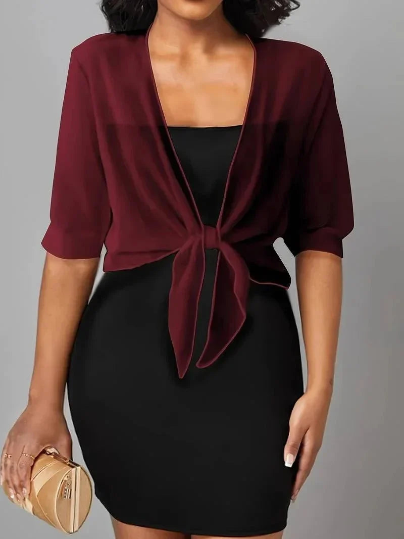 Women's Sheer Tie-Front Blouse 3/4 Sleeve Open Front Cardigan Shrug