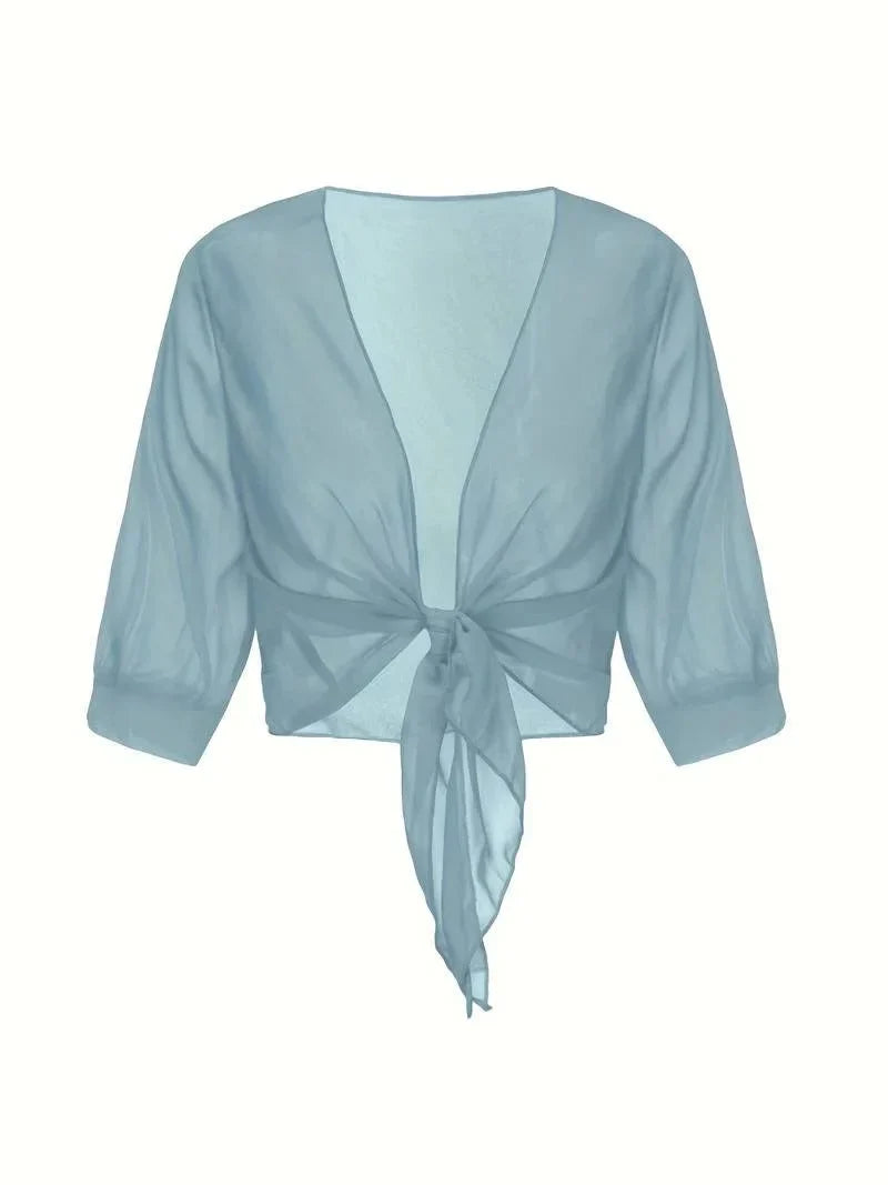 Women's Sheer Tie-Front Blouse 3/4 Sleeve Open Front Cardigan Shrug