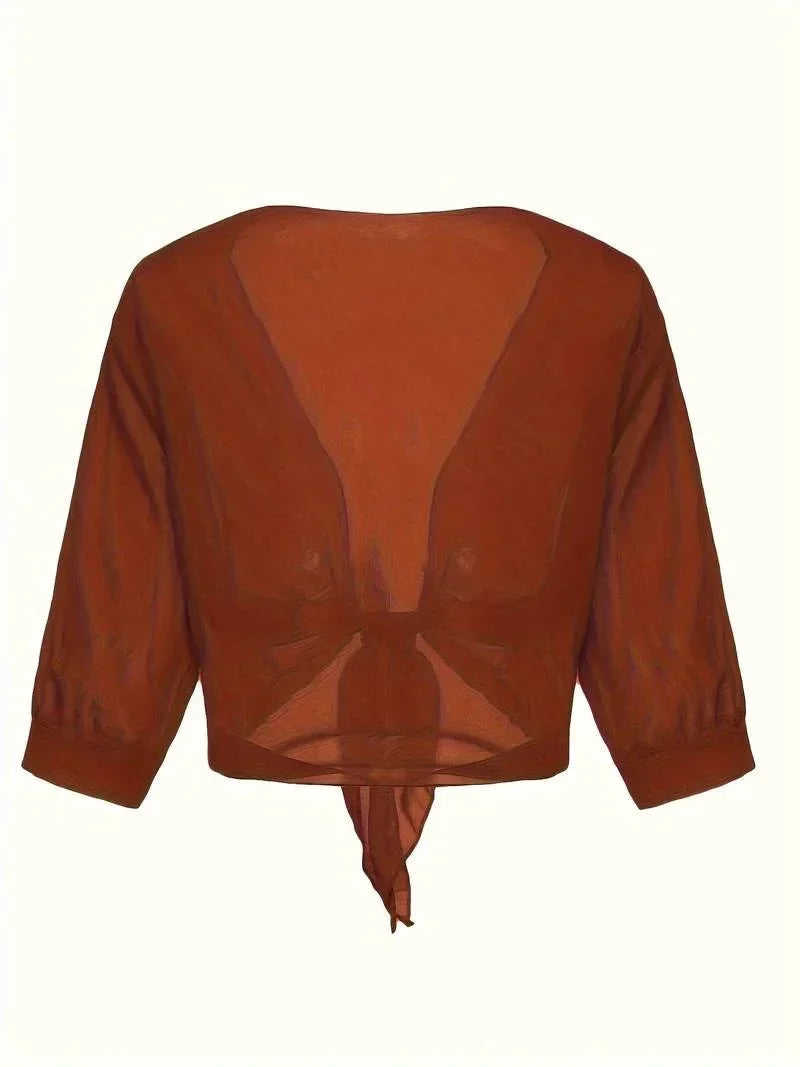 Women's Sheer Tie-Front Blouse 3/4 Sleeve Open Front Cardigan Shrug