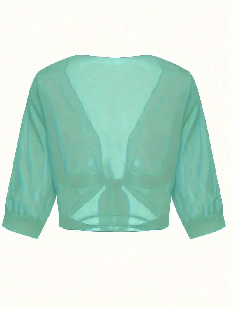 Women's Sheer Tie-Front Blouse 3/4 Sleeve Open Front Cardigan Shrug