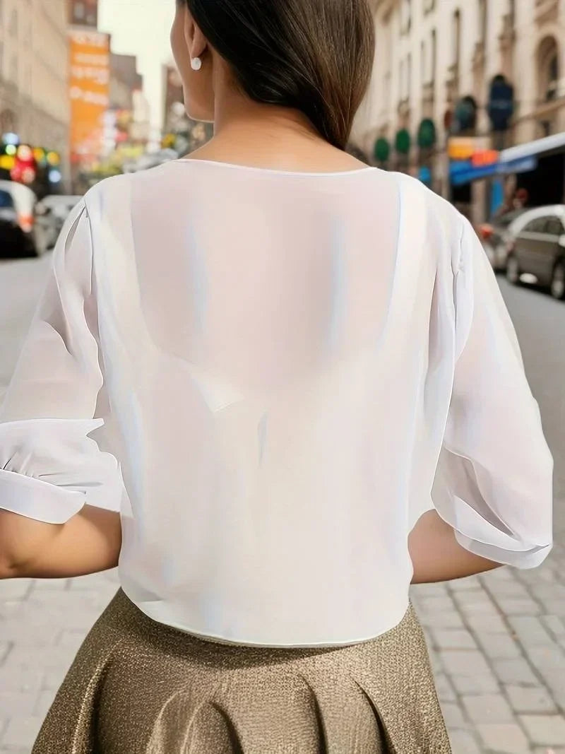 Women's Sheer Tie-Front Blouse 3/4 Sleeve Open Front Cardigan Shrug